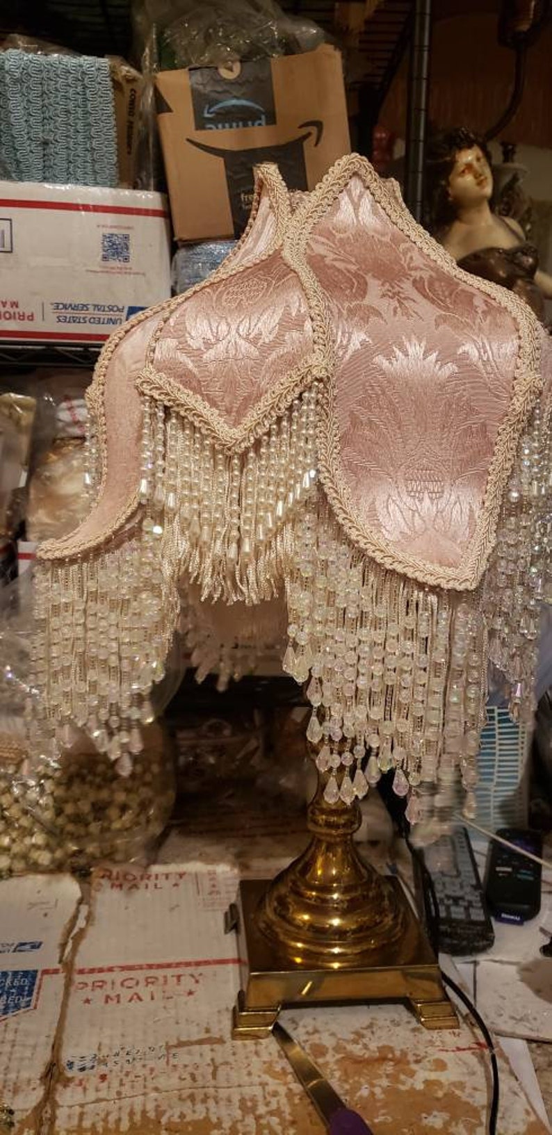 Victorian French Medium Tulip Lamp Shade Pink Pearls Fringe And 6 Beads Free Shipping image 2