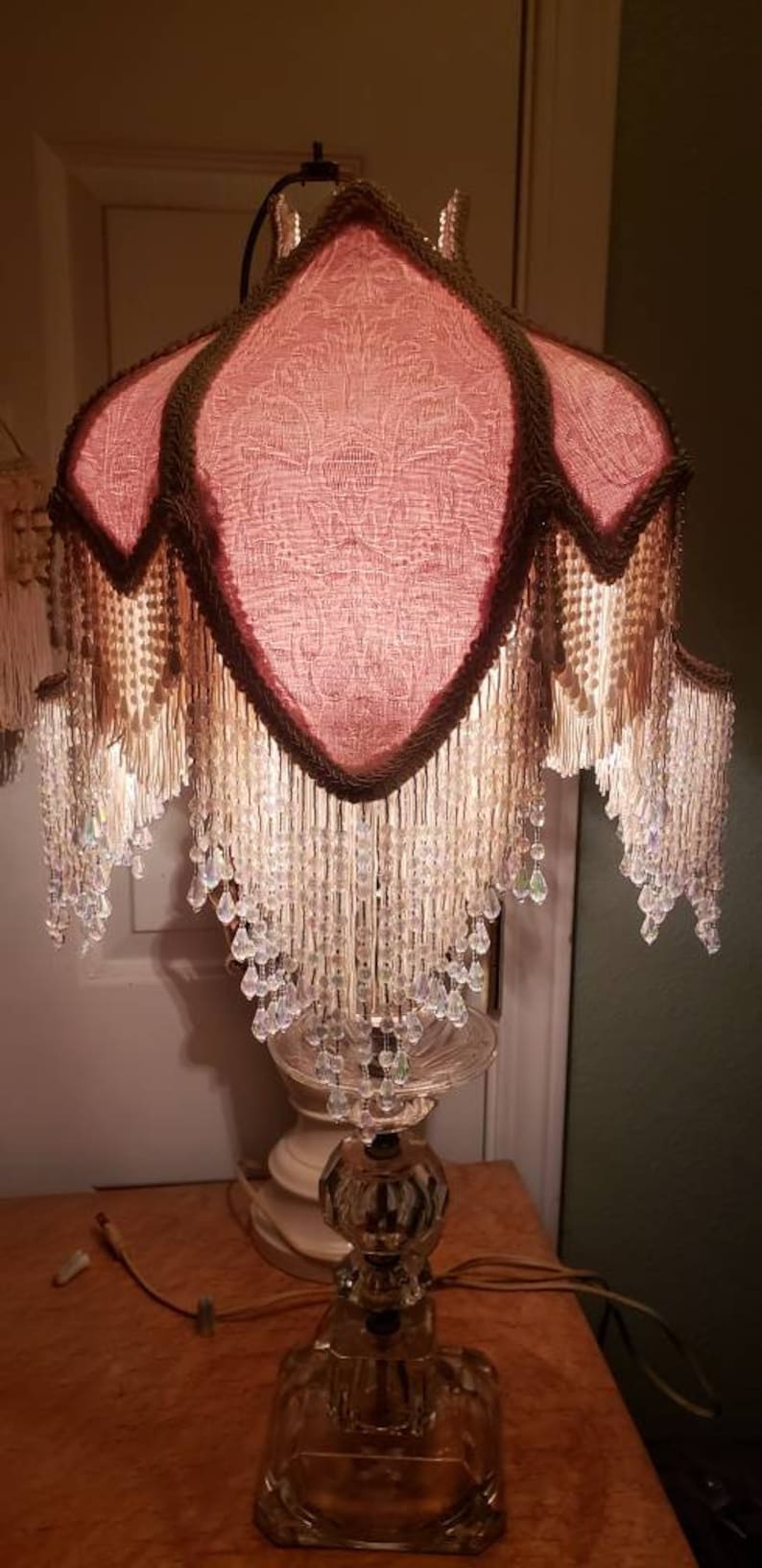 Victorian French Medium Tulip Lamp Shade Pink Pearls Fringe And 6 Beads Free Shipping image 6