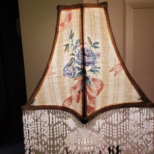 Victoriaanse Franse grote vloertafellamp lampenkap ster 'blauwe roos' kraal franje 2 beschikbaar