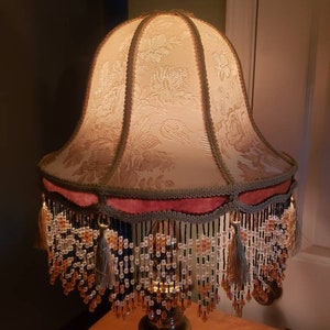 Victorian French  Large Table Lamp Shade "Golden Rose" Bead Fringe!!