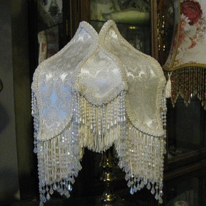 Victorian French Medium Tulip Lamp Shade "Ivory" Pearls Fringe And 6" Beads  Free Shipping!!