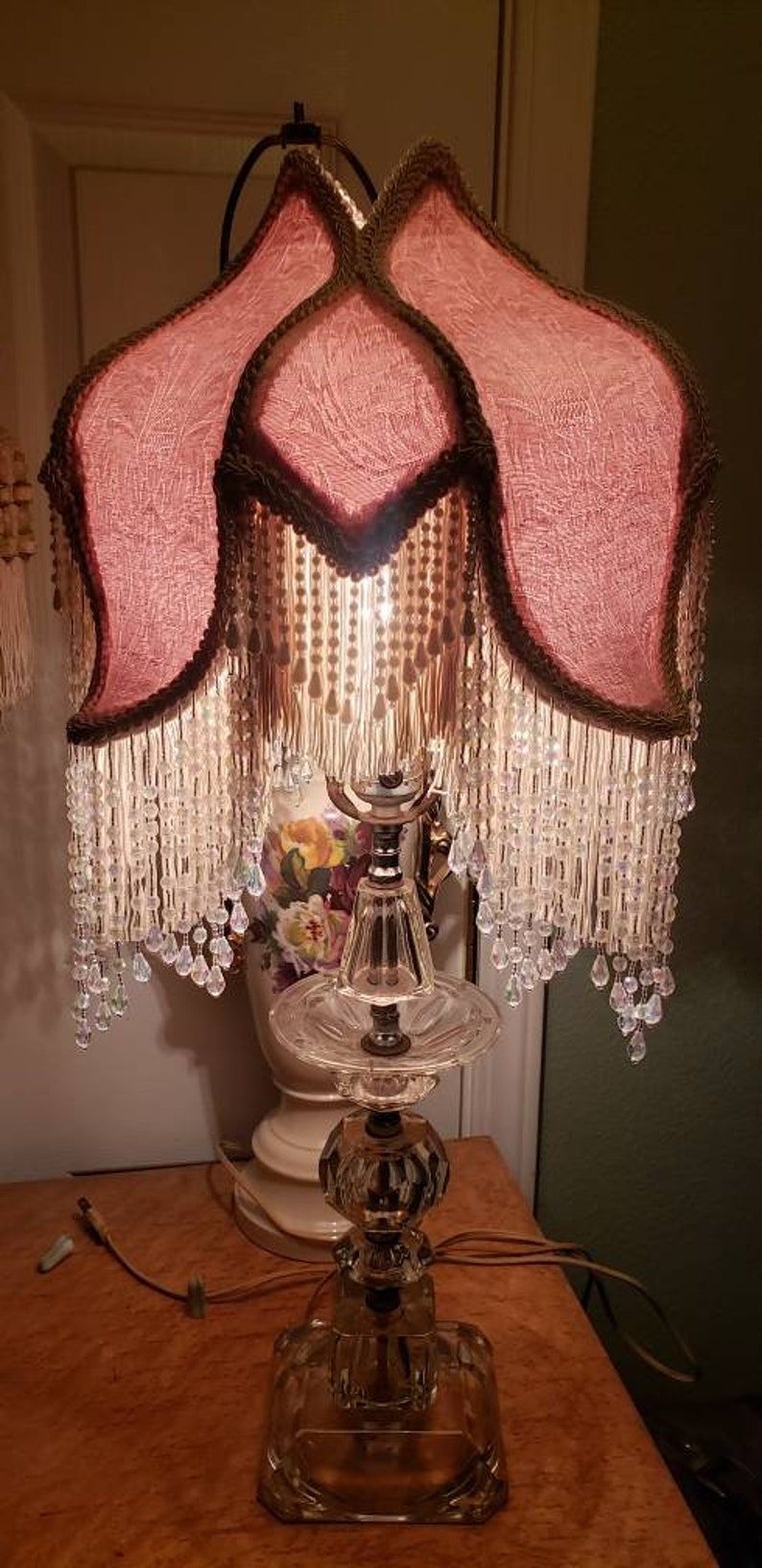 Victorian French Medium Tulip Lamp Shade Pink Pearls Fringe And 6 Beads Free Shipping image 5