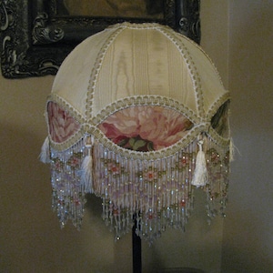 Victorian French Medium Lamp Shade &#39;Royal Dome&#39; &quot;Cream/ Rose&quot; Fringe 6&quot; Beads Free Shipping!!