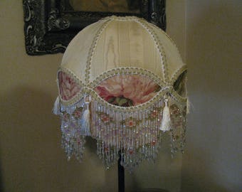 Victorian French Medium Lamp Shade 'Royal Dome' "Cream/ Rose" Fringe 6" Beads Free Shipping!!