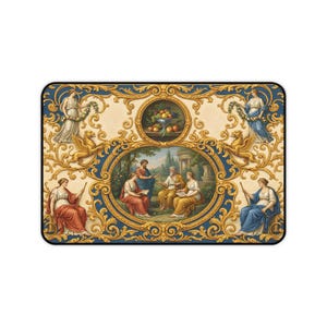 May include: Rectangular mousepad featuring a classical painting with figures in robes, surrounded by ornate gold and blue scrollwork. The central image depicts a group of people in a garden setting. Decorative elements include griffins and fruit.