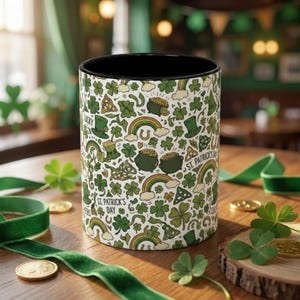May include: A cylindrical mug with a black interior and a white exterior covered in a green St. Patrick's Day pattern. The pattern includes shamrocks, rainbows, pots of gold, and leprechaun hats. The words "St. Patrick's Day" are also printed on the mug.