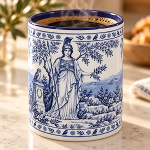 Athena Mug, Greek Goddess Coffee Cup, Blue and White Ancient Greece Art, Owl and Olive Branch Mug, Mythology Gift, 11oz 15oz, Greek Art Gift