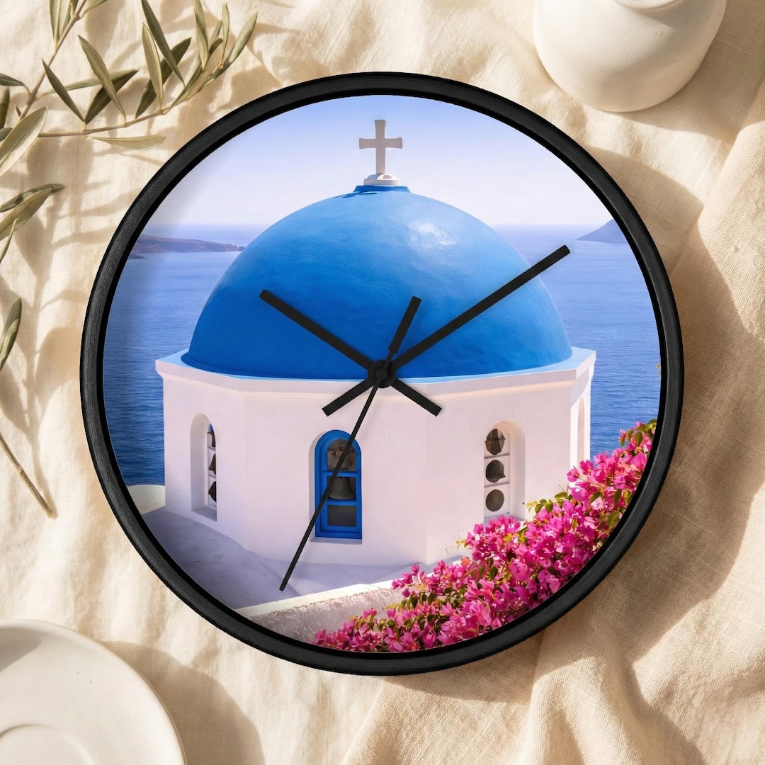 Santorini Greek Blue Dome Wall Clock | Greek Island Church, Seascape ...