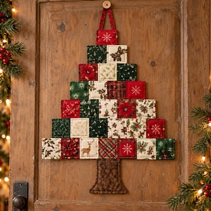 Könnte beinhalten: Eine Wanddekoration in Form eines Weihnachtsbaums aus gesteppten Stoffquadraten in Rot, Grün und Creme. Die Quadrate zeigen Muster von Weihnachtssternen, Stechpalmen, Schneeflocken, Schottenkaro und einem Hirsch. Ein brauner Stoffstamm bildet die Basis.