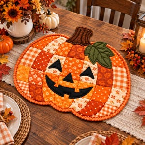 Jack O'Lantern Quiltmönster, Patchwork Pumpa Matta PDF, Halloween Bordsdekoration Symönster