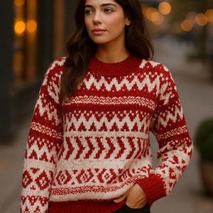 Puede incluir: Un suéter rojo y crema con un patrón geométrico. El suéter tiene cuello redondo y mangas largas. La modelo lleva vaqueros negros.