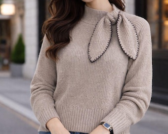 Color Block Knit Sweater for Women Scarf Collar Cropped Ribbed Long Sleeve Autumn Winter Top