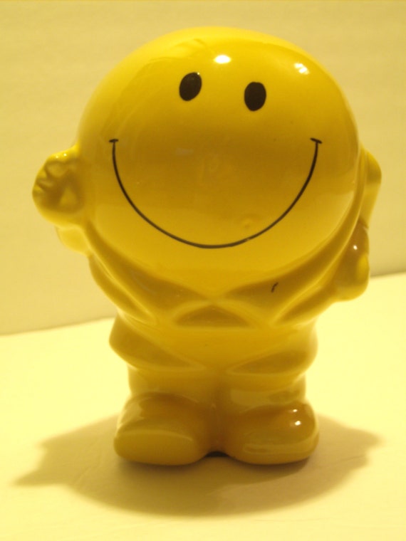 Items similar to Vintage Smiley Face Man bank yellow Happy Face bank