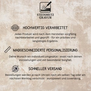 May include: A beige background with text and icons. The text includes "STEINMETZ GRAVUR", "HIGH QUALITY", "HOCHWERTIG VERARBEITET", "MABGESCHNEIDERTE PERSONALISIERUNG", and "SCHNELLER VERSAND". The image also features a ruler, a globe, and a welding torch icon.