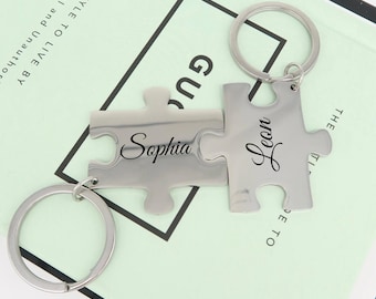 Personalized Puzzle Keychains – Partner Set with Names – Gift for Couples, Best Friends, Matching Puzzle Pieces, Stainless Steel Engraving