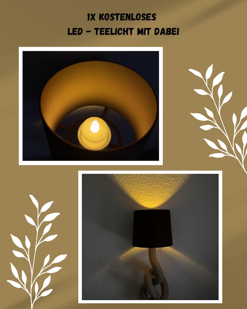 May include: An LED tealight candle inside a black lampshade, with the text "1X KOSTENLOSES LED - TEELICHT MIT DABEI" at the top. The lamp is on a beige wall, with a decorative branch on the right.