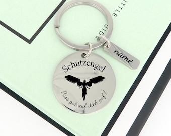 Personalized guardian angel keychain – “Take good care of yourself!” – Design with angel, lucky charm & engraving with name, gift idea
