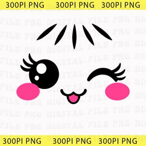 Könnte beinhalten: Eine digitale grafische Illustration eines Cartoon-Gesichts mit einem großen schwarzen Auge mit weißen Glanzlichtern, einem zwinkernden Auge mit langen Wimpern, einem kleinen Mund mit herausgestreckter rosa Zunge und zwei leuchtend rosa Wangen.