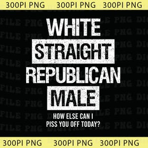 May include: Black graphic design with white text. The text reads "WHITE STRAIGHT REPUBLICAN MALE" with the phrase "HOW ELSE CAN I PISS YOU OFF TODAY?" below. The image has a grunge texture.