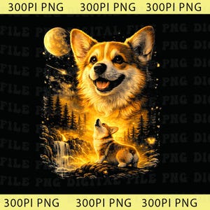 Puede incluir: Impresión artística digital que presenta un perro corgi sonriente con un corgi más pequeño aullando a la luna. La obra de arte tiene una combinación de colores dorados con una cascada, árboles y estrellas en el fondo. El texto "300PI PNG" está en la parte inferior.