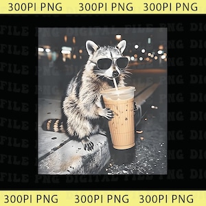 May include: A digital illustration of a raccoon wearing sunglasses, holding a clear plastic cup of iced coffee with a straw. The raccoon is sitting on a concrete ledge with a blurred city background.