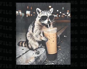 Raccoon Drinking Iced Coffee Png, Retro Prehistoric Png, Gift For Animal Lover, Funny Animal Meme Png, Coffee Raccoon Png