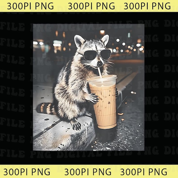 Raccoon Drinking Iced Coffee Png, Retro Prehistoric Png, Gift For Animal Lover, Funny Animal Meme Png, Coffee Raccoon Png