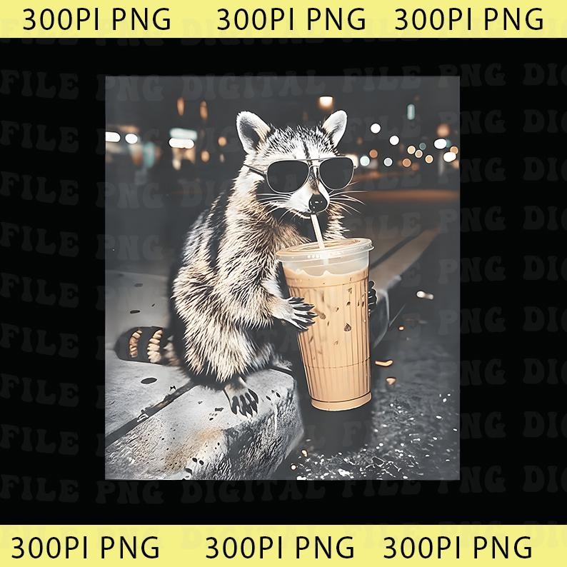 Peut inclure: Illustration num&eacute;rique d'un raton laveur portant des lunettes de soleil, tenant un gobelet en plastique transparent de caf&eacute; glac&eacute; avec une paille. Le raton laveur est assis sur un rebord en b&eacute;ton.