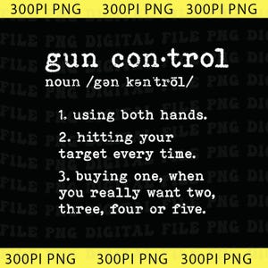 Puede incluir: Gráfico negro con las palabras "gun control" y su pronunciación fonética. La definición incluye usar ambas manos, golpear el objetivo y comprar más de uno. Bordes amarillos con texto "300PI PNG".