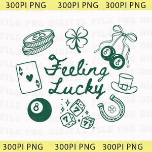 Può includere: Illustrazione digitale a tema San Patrizio. Presenta una pila di monete, un quadrifoglio, dadi, un asso di cuori, un ferro di cavallo, un cappello a cilindro e il testo "Feeling Lucky."