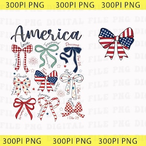 Puede incluir: Un diseño digital con la palabra "America" y varias ilustraciones de lazos en rojo, blanco y azul. Cada lazo tiene un diseño único y está etiquetado con palabras como "amor", "atesorado" y "valiente".