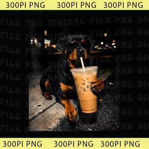 May include: A Rottweiler dog wearing sunglasses is holding a large iced coffee drink with a straw. The dog is sitting on a concrete surface, with a blurred background of city lights.