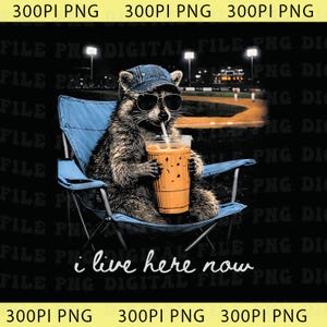 May include: A raccoon wearing sunglasses and a denim cap, sitting in a blue folding chair, sipping an iced coffee. The image has the text "i live here now" and a baseball field in the background.