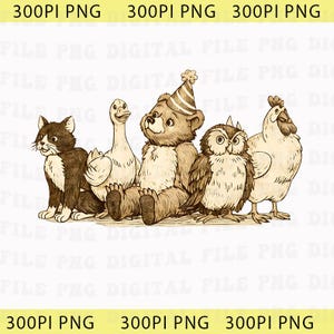 May include: A charming illustration depicts a cat, goose, bear, owl, and chicken. The bear is wearing a party hat. The animals are drawn in a vintage style with detailed shading, creating a nostalgic feel. Ideal for children's decor or nursery art.