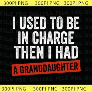 Puede incluir: Archivo digital negro con texto blanco que dice "I USED TO BE IN CHARGE THEN I HAD A GRANDDAUGHTER" con un rectángulo rojo. El archivo está etiquetado como "300PI PNG" en amarillo.