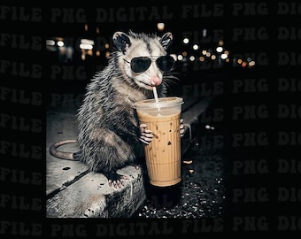 Opossum Drinking Iced Coffee Vintage Graphic Png, Retro Funny Possum Graphic Coffee Fans Png