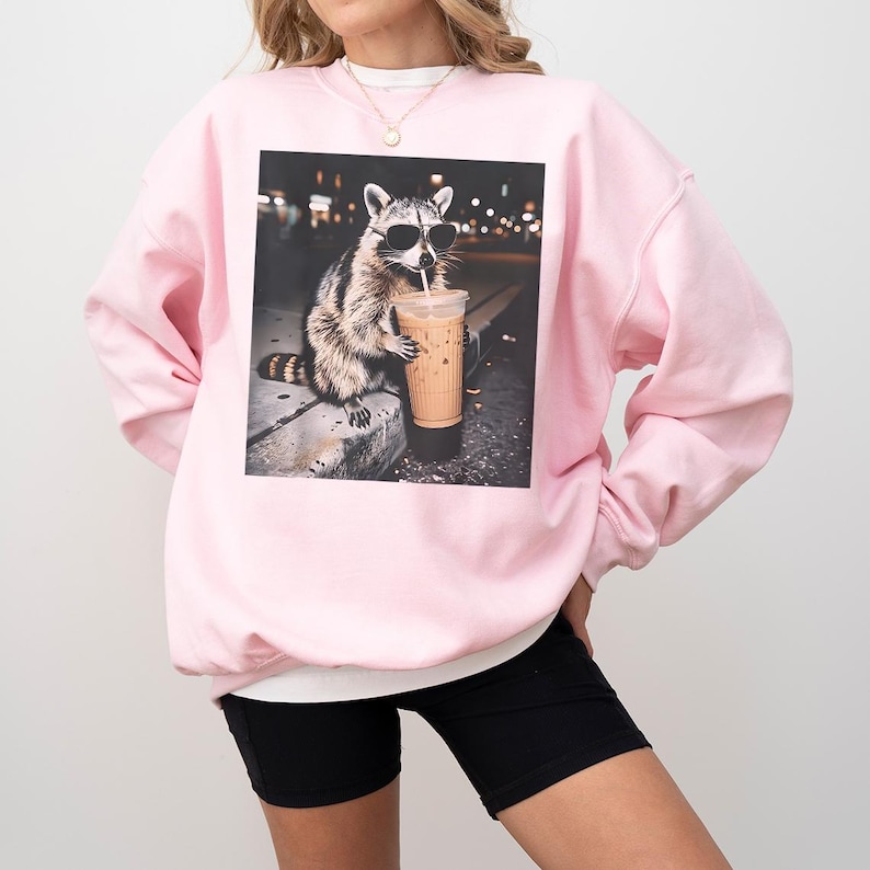 Peut inclure: Sweat-shirt rose clair avec un imprim&eacute; graphique d'un raton laveur portant des lunettes de soleil et buvant un caf&eacute; glac&eacute;. Le raton laveur est assis sur un rebord avec un arri&egrave;re-plan urbain flou. Col rond et manches longues.