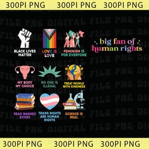 May include: A collection of digital graphics with text and symbols on a black background. The graphics include a raised fist, a rainbow heart, and the text "Black Lives Matter," "Love is Love," and "Human Rights."