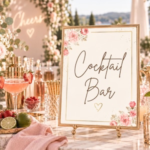 Könnte beinhalten: Ein rechteckiges Schild in einem goldenen Rahmen mit dem Text Cocktail Bar in dunkelbrauner Schreibschrift, verziert mit rosa Blumenillustrationen in den Ecken und einem kleinen goldenen Herz. Das Schild steht auf einer Marmoroberfläche.