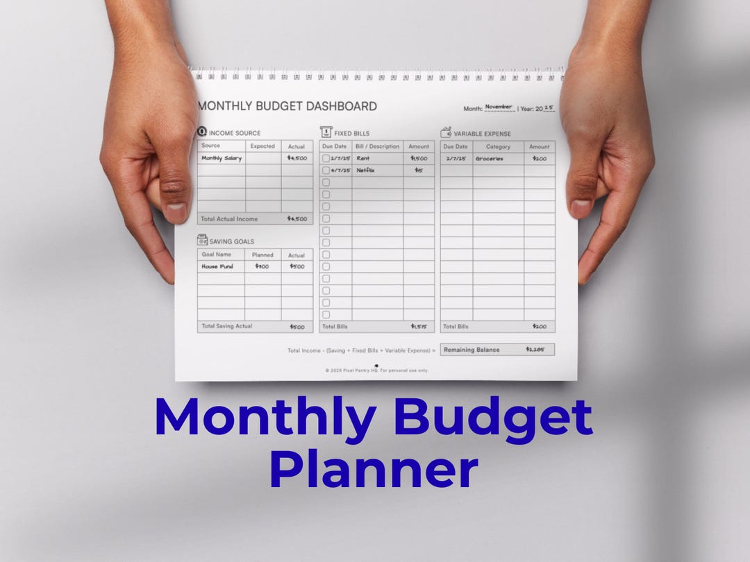 Monthly Budget Dashboard Printable • Onepage Planner • Minimalist