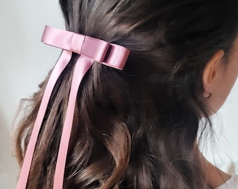 Flower Girl Bow, Long Tail Satin Bow Clip, Girls Satin Bow, Danie Hair Bow, Children to Adult Hairbow, Bridal Hairpiece, Gift for Her