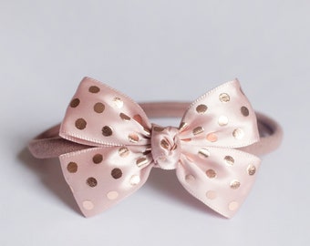 Rose Gold Polka Dot Girls Headbands, Baby Headbands, Newborn Headband, Girl Headbands, Flower Girl, Like a Butterfly Satin Bow