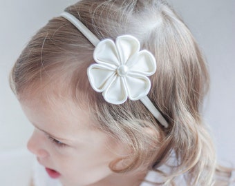 Kanzashi Flower Baby Headband, Flower Girl Headband, Ivory Satin Flower, Baby to Adult Headband, Bridal Wedding Hair, Headband
