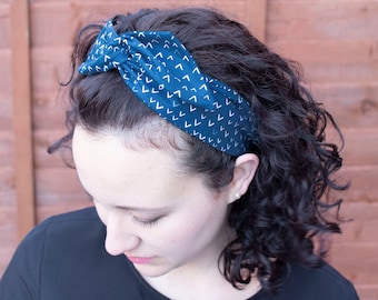 Gift for her, Wire Headband, Navy Pattern Wire Headband, Fabric Headband, Turban Headband, Golden Beam Accessories