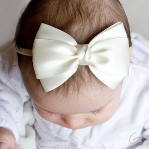 Baby Emma Bow Clip OR Headband Flower Girl Headband Big Emma Bow Baby Satin Bow Girls Satin Bow Hair Bow Baby to Adult Headband Ivory