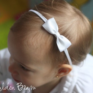 Baby Headbands, Hair bands, Headband, Flower Girl Headband, Newborn Headbands, Girl Headbands, Small Satin Bow, Golden Beam White