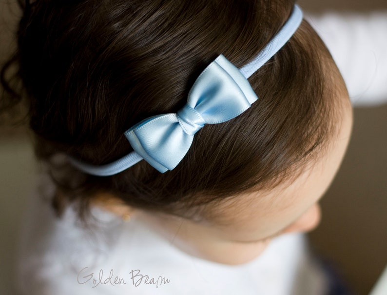 Baby Headbands, Hair bands, Headband, Flower Girl Headband, Newborn Headbands, Girl Headbands, Olivia Satin Bow, Golden Beam Pastel Blue