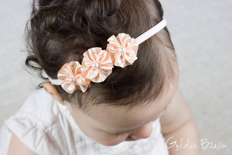 Flower Girl Headband 3 Flowers and Pearl Handmade Headband Baby to Adult Headband Golden Beam Accessories image 2