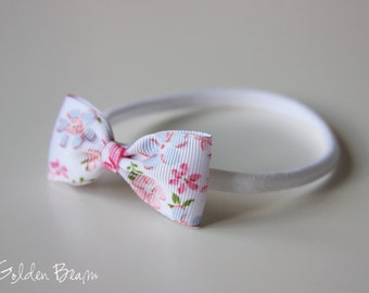 Gift, Vintage Floral Baby Headband, Vintage Inspired Floral Small Grosgrain Ribbon Bow Handmade Headband, Infant to Adult Headband