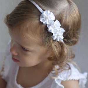 Flower Girl Headband 3 Flowers and Pearl Handmade Headband Baby to Adult Headband Golden Beam Accessories image 5